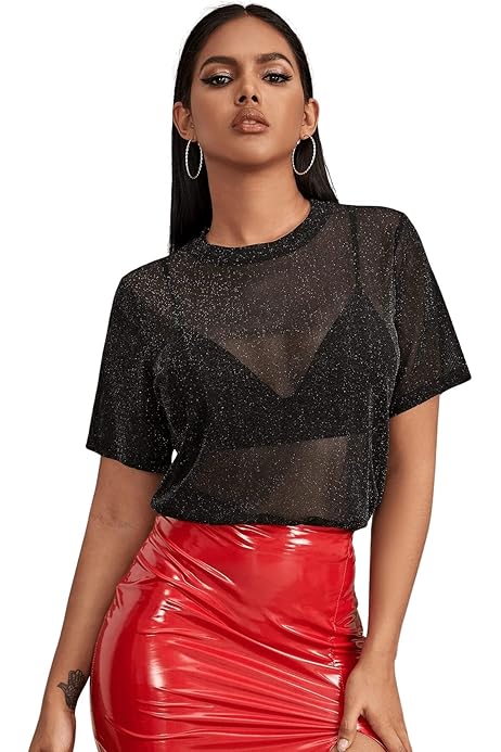 Sequin Top Dames Mesh Top Doorzichtig T-shirt Met Lange Mouwen