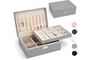Yarmiene Schmuckkästchen für Damen,2-schichtige Schmuckschatulle,PU-Leder Schmuckaufbewahrung Schmuckkoffer,Schmuckbox für Ringe, Ohrringe, Armbänder, Ketten für Frauen,Ehefrau,Grau