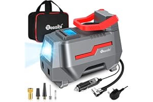 Reesibi Mains 240V Tyre Inflator Air Compressor with Digital Pressure Gauges, LED Light, Car Air Pump 12V 240V Dual Power, Max 150PSI, Includes Adaptors Toolkit