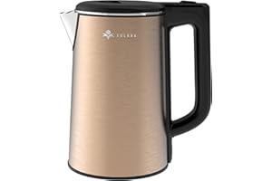 SOLARA Bouilloire électrique Premium Xtra Large Bouilloire à thé à double paroi en acier inoxydable 100% sans BPA avec protection contre la surchauffe, sans fil | Or