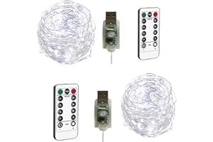 BXROIU Łańcuch świetlny LED 100 diod, 10 m srebrny drut z pilotem, zasilanie USB, 8 trybów, timer i regulacja jasności, dekoracje na święta, wesele, imprezę, 2 sztuki (zimna biel)