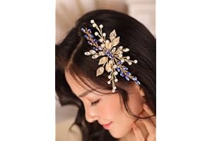 Kercisbeauty Gold Leaf Hair Comb with Blue Crystal Wedding Bridal Hair Piece Pearl Handmade Jewelry for Special Occasion