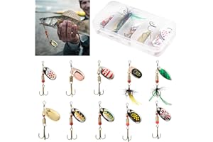 UNILLEA 10Pcs Fishing Lures Set, Spinner Bait Set, Multi-Coloured Metal Fishing Lures with Rotating Spinners and Treble Hooks, Fish Lure Kit for Trout Pike Bass Salmon Freshwater and Saltwater Use