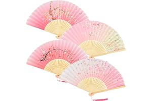 AWCIGG KEYIDO Handheld Folding Fan for Women Silk Fabric Folding Fans Pink Chinese Style Hand Fan Women's Hollowed Bamboo Fans with Tassel for Wall Decoration Dancing Cosplay 4 Pcs