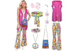 COYBTO Vestiti Anni 70, Vestito Hippie con Gilet Frangiato Fascia Boho Set di Collana, Costume Anni 70 60 Donna, Costume Hippie Disco per Carnevale Cosplay Party Halloween Natale