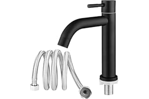 SLFYEE Wasserhahn Bad Waschbecken Waschtischarmatur Gebogen Kaltwasserarmatur Schwarz Kaltwasserhahn 304 Edelstahl für Küche Badezimmer