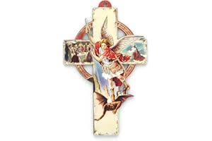 PALAIS DU ROSAIRE Palacio del Rosario Cruz del Arcángel San Miguel de madera con ilustración - Cruz religiosa - Culto Cristiano de Madera