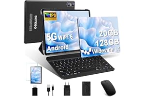 SKYEGG Tablet 10 Pulgadas Android 14 – 20 GB RAM + 128 GB ROM Ampliable a 1TB, WiFi 6 5 GHz, Octa-Core, Widevine L1, GPS, Cámara 8 MP + 5 MP, USB-C – con Teclado, Ratón y Funda – Negro