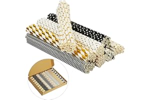TGFIX 120 pezzi cannucce di carta, cannucce di carta dorate + cannucce di carta nere motivo a pois righe ondulate per bevande succhi cocktail piscina festa di natale compleanno matrimonio 8 stili