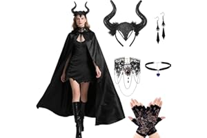 SUPERUM 6er Teufel Kostüm Damen Set,150cm Halloween Teufel Malefiecent Kostüm Damen Schwarzer Umhang mit Teufelshörner & Gothic Schmuck & Spitze Handschuhe,Halloween Kostüm Teufel Umhang Cape Karneval Party