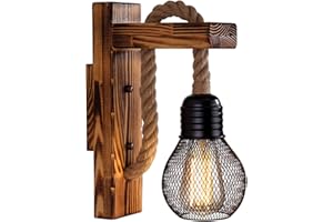 Wooden Wall Light Hemp Rope, Ahageek Industrial Wall Lamp Lamp Shade, E27 LED Retro Wall Light Living Room Bedside Table Corridor Cafe Bar(out Bulb) (1223-FBM-211ZW-3828558)