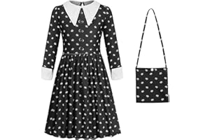 Mprocen Girls Dress, Wednesday Dress Outfits for Kids Girl, Black Dress Wednesday Polka Dot Dress, Halloween Carnival Family Dress up Costume Cosplay with Bag
