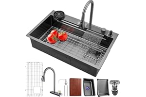 MIMRTIMI Évier de Cuisine 66 * 50CM Évier Cuisine en Acier Inoxydable 304 1 Bac Évier de Cuisine Cascade Raindance avec robinet rétractable comprend un kit de plomberie complet