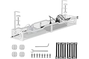 TECHSHARE Under Desk Cable Management, Cable Management No Drill, 25'' Metal Cable Tray with Clamp for Standing Desk, Home Office, (White)