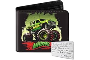 QOIBRAZE Kids Wallet for Boys Teen, Funny Bifold Leather Purse Age 6-8 9-12 12-14, Cool Boy Wallet for Kids, Small Wallets with Coin Pocket for Childrens Birthday Christmas Gifts (Monster Truck-Green)