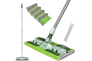 Midyb Balai Plat en Microfibre, Balai à Plat avec 150cm Manche INOX, 4 Tampons Double Face avec Balai Plat Serpillere Rotation à 360°, Envoyer 1 Grattoir