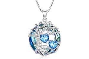 TOUPOP s925 Sterling Silber Familie Baum des Lebens Anhänger Halsketten mit 2 Herz Geburtsstein mit Kristall Kette Schmuck Geburtstag Weihnachten Geschenke für Frauen Sie