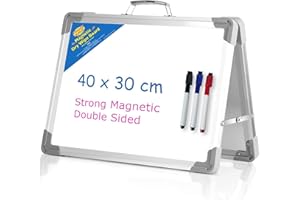 FRIDGE MAGIC Compact Desk Whiteboard - Double-Sided Magnetic Folding Easel Board - 40 x 30cm - Includes 3 Pens - Ideal for Home & Office