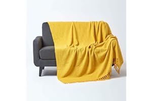 Homescapes Narzuta na łóżko Nirvana, żółta, koc/narzuta na sofę w 100% z bawełny, 150 x 200 cm, z frędzlami