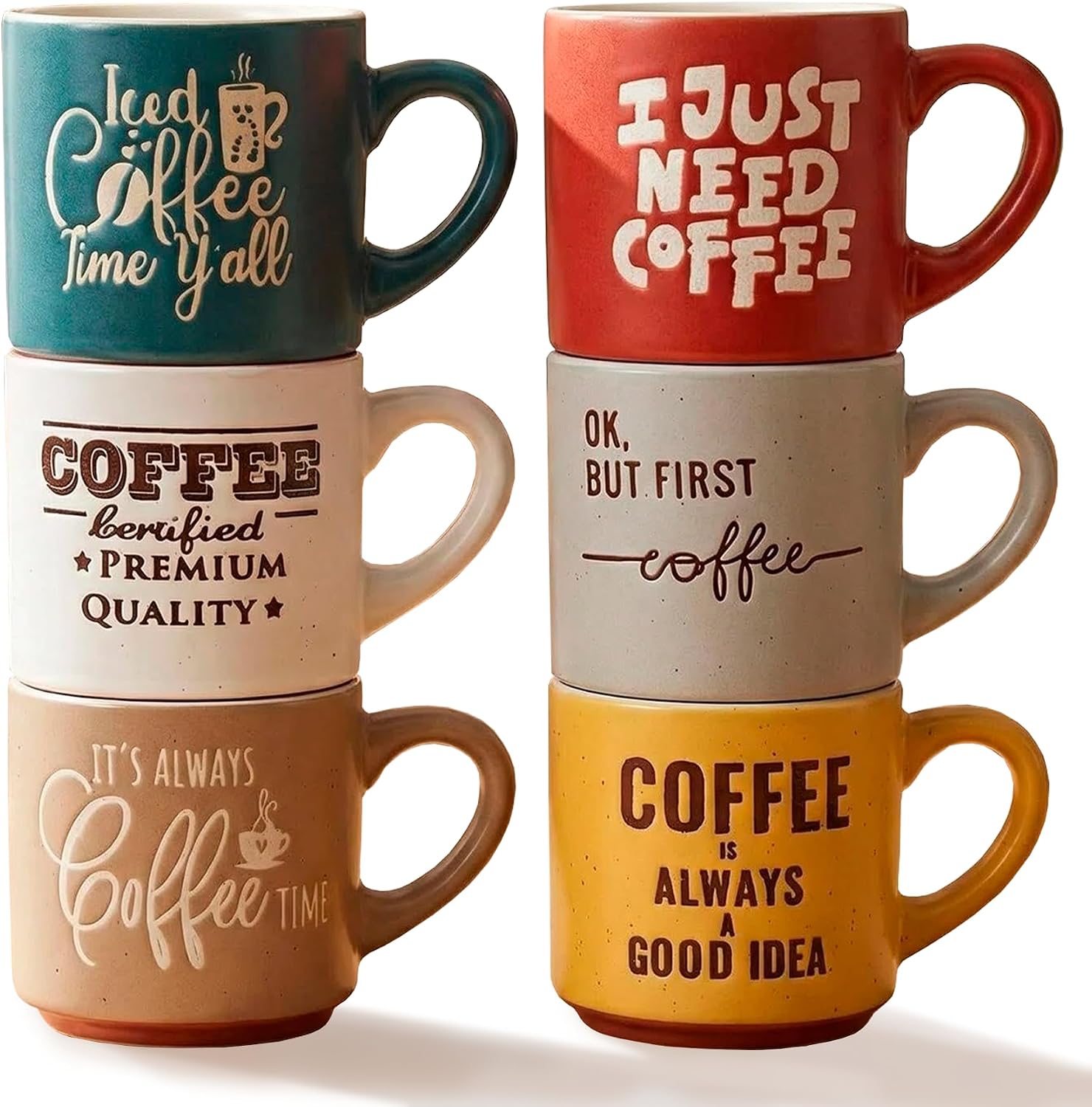 Set de 6 Tazas de Café de Cerámica con Frases Divertidas – Tazas Apilables para Espresso, Café con Leche o Americano – Aptas para Microondas y Lavavajillas – Caja Regalo con 6 x (Lungo / Con Leche)