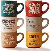 Set of 6 Ceramic Coffee Cups with Funny Quotes - Stackable Cups for Espresso, Latte or American Coffee - Microwave and Dishwa