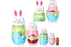 SINMOE 5 Pcs Pâques Set de Poupées Empilables Russes Matriochka en Bois Poupée Russe Traditionnelle Peinte à Main Drôle Matriochka d'Empilage avec Motif Lapin et Carotte Dessin Animé Mignon pour Enfant