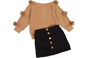 Geagodelia 2 PCS Set Completo Bambina Maniche Lunghe Maglione Lavorato a Maglia con Palla di Pelo Top + Bottoni in Metallo Set di Abiti con Gonna a Trapezio Inverno Autunno