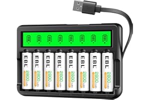 EBL 8PCS Piles Rechargeables AA 2800mAh+ LCD Chargeur de Piles Rechargeables, avec Ports d'Entrée USB et Port Micro USB, pour AA/AAA/Ni-MH Piles