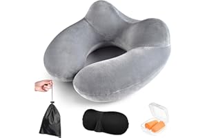 JINYJIA Cuscino da Viaggio Gonfiabile,Cuscino Aereo Cuscino da Viaggio Collo,Cuscino Viaggio con Mascherina per Dormire+Tappo per le Orecchie,Cuscino Cervicale da Viaggio per Viaggio,Aereo,Treno(Grigio)