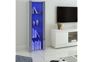 Panana LED Tall Display Cabinet with Glass Shelf Modern Sideboard Cupboard Unit for Living Room Bedroom Furniture (White Matt Body & Gray High Gloss Fronts)