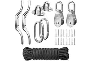 YHTCC M20 Stainless Steel Washing Line Pulley System Heavy Duty Pulley Wheel Set with 20m/6mm Nylon Rope, Cleat Hooks, 360° Swivel Pulley Block for Indoor Outdoor Use