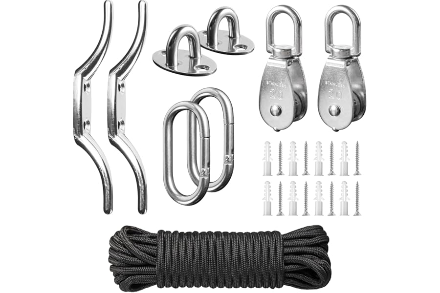 M20 Stainless Steel Washing Line Pulley System Heavy Duty Pulley Wheel Set with 20m/6mm Nylon Rope, Cleat Hooks, 360° Swivel Pulley Block for Indoor Outdoor Use