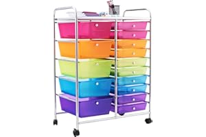 GIANTEX Rollwagen mit 15 Schubladen stapelbar, Schubladenwagen Badrollwagen Küchenwagen mit feststellbaren Rollen, Aufbewahrungswagen Haushaltswagen für Küche Bad Büro 63x37x87 cm (Transparent Bunt)