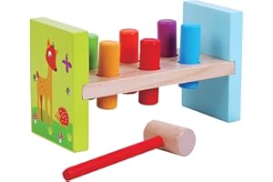 jumini Toy Wooden Hammer Pounding Bench - Pound a Peg with Wooden Hammer and Wood Pegs - great Hammering Baby Toy Gift for Babies, 12 months, 1, 2,3 and 4 Year Olds PRIMARY