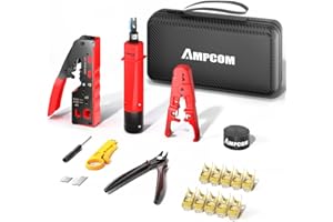 AMPCOM Kit de herramientas de crimpado Ethernet 8 en 1 para conectores RJ45/RJ11, STP Cat7/6A, UTP Cat6/5E/5 RJ45, incluye 110 herramientas de perforación y pelacables en bolsa impermeable portátil