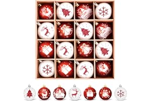 ‎AMTEKER Amteker Weihnachtskugeln Kunststoff Set, 16 Stücke 6CM Christbaumkugeln Deko Weihnachten, Weihnachtsbaumschmuck mit Aufhänger Bruchsicher, Baumschmuck Weihnachten Weihnachtskugeln weiß rot
