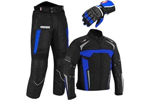 PROFIRST Motorbike Suit - Motorcycle Gloves Armoured 2 Piece Suit Motorbike Waterproof Suits Jacket with Trouser CE Armor For All Weather Mens (Blue, L 40 Chest/34 Waist - 32" T)