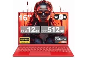 NOTODD PC Portatile Notebook 16 Pollici Win11 12GB 512GB 1TB SSD Espansione, Computer Portatile Celeron N5095 (fino a 2.9Ghz) 丨Ventola di Raffreddamento丨5G WIFI丨1920 * 1200 2K Schermo Doppio-Rosso
