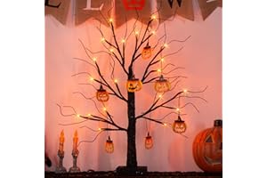 DELICHTER Halloween Deko Innen mit 24 Orangen LEDs und Timer Batteriebetrieren Lichterbaum mit Kürbis Anhänger Beleuchtete Herbstdeko Baum 60 CM