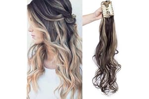 SEGO 24"(60cm) Coleta Postiza con Pinza Pelo Sintético Se Ve Natural Extensiones de Cabello Clip Cola Rizada Ondulada Ponytail Extension (150g,Castaño Oscuro mezcla Rubio Ceniza)