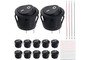 eROOSY 12 Pcs Round Rocker Switch AC 6A/250V 10A/125V 2 Pin Latching Toggle Switch, On-Off Boat Rocker Switch with Connecting Wires SPST Toggle Switch