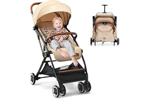 GYMAX Baby Foldable Stroller, Adjustable Backrest Pushchair with Safety Belt, Storage Basket, Leather Handle and Lockable Wheels,for 0-3 Years Olds Infant Kids (Beige)