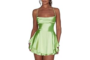 MIOLASAY Kurzer Jumpsuit für Damen, rückenfrei, Satinkleid, sexy Wasserfallausschnitt, kurze Jumpsuits, Krawatte, Rüschen, Spaghettiträger, Minikleid