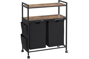 KIMENICH Corbeille à Linge 2 Compartiments, Panier à Linge Sale avec 2 Étagères de Rangement, Sac Latéral, Crochets, Bac à Linge à Roulettes Amovibles, Sacs à Linge Poignées avec Glissières, 2x46 L, Noir