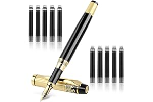 Andibro Metal Fountain Pens - 10 Black Ink Cartridges, 0.5mm Fine Point Luxury Stainless Steel Calligraphy Pens for Office & School (Black)