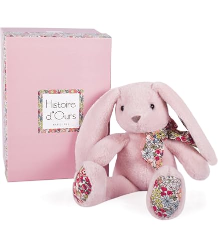 Baby Nat' - Doudou Lapin Plat - Lapin Poupi Marine - Imprimé Fleurs Bleues - Forme Originale Facile à Attraper avec Nouettes & Grandes Oreilles - Idée Cadeau Naissance Bébé Fille et