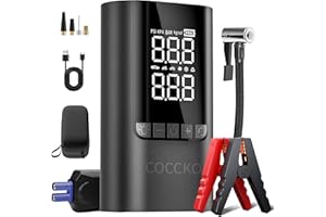 Booster Batterie Voiture avec Gonfleur,COCCKO 150PSI Demarreur Batterie Voiture avec Compresseur d'air Portable, 10000mAh Booster d'urgence avec Éclairage LED & Mode SOS, (Tous Gaz ou 12L Diesel)
