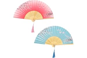 Hileyu Hand Fan Folding Handheld Folding Fan for Women 2Pcs Chinese Silk Fabric Handheld Fans with Tassel Classic Bamboo Fan for Wall Decoration Wedding Decoration (Blue)