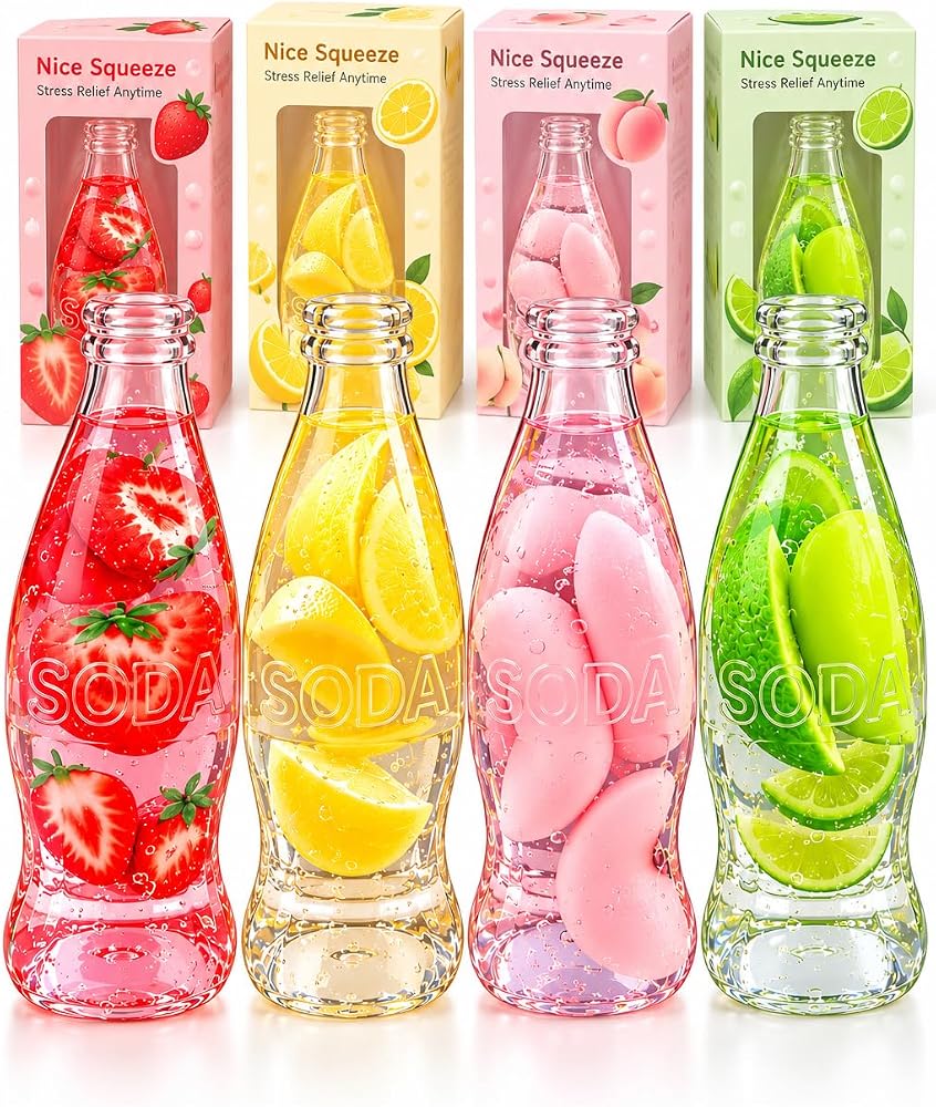 Meyveli Soda Şişe Squishy Vazelin Jeli Dolgulu Stres Oyuncağı 15cm | Şeffaf Esnek Gövde, Duyusal Fidget Oyuncak, 6+ Yaş, Sıkılabilir Yumuşak Dolgu, Renkli Meyve Tasarımı