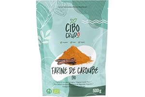 CIBO CRUDO CRUDO BIOLOGICO VEGAN Poudre de Caroube Bio - 500g. Farine de Caroube Alimentaire Sans Sluten pour Glaces. Poudre de Farine de Oulpe de Caroube. Raw Organic Carob Powder.
